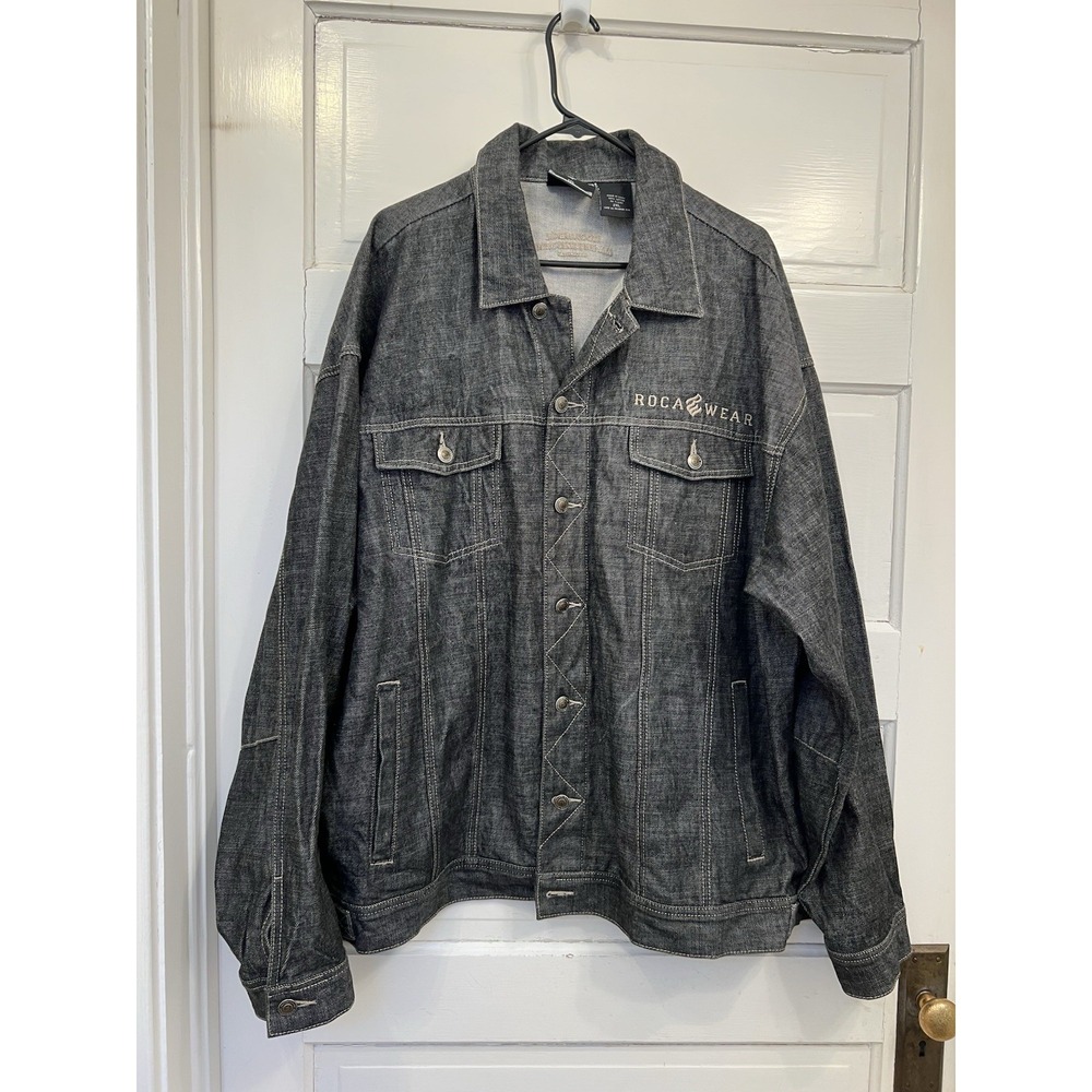 Vintage Men's RocaWear Black Denim Jean Shirt Jacket 2XL Y2k Streetware Hip Hop